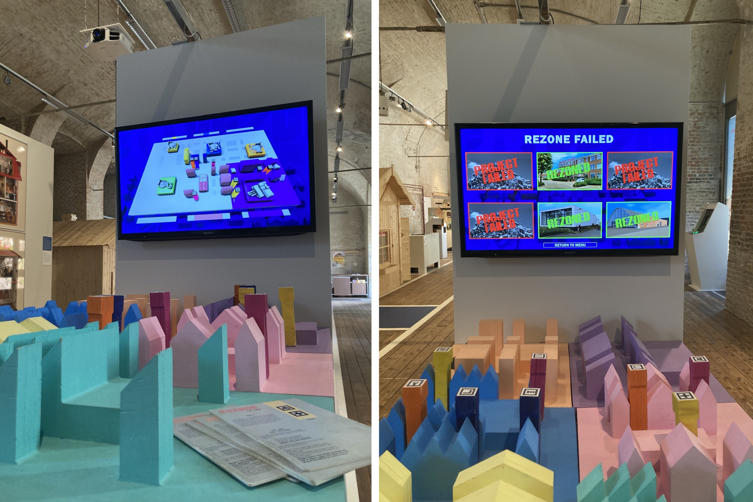zwei Ansichten des Spiels Rezone, links das Spiel mit den Anleitungskarten im Vordergrund, dahinter der Monitor, der die Spielfläche digital abbildet, rechts eine Frontalansicht des Spiels mit dem Abschlussbildschirm, auf dem 3 von 6 Projekten als FAILED und weitere 3 als REZONED markiert sind