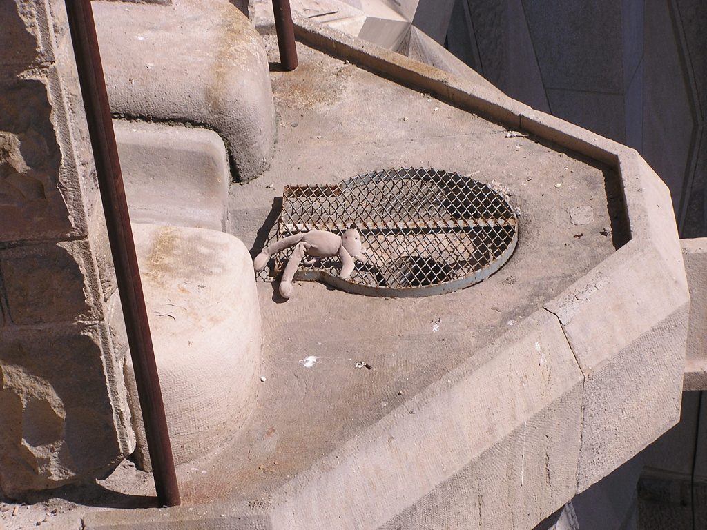 ein unzugänglicher Mauervorsprung auf einer Baustelle, auf einem Gitter liegt ein graues Stofftier, es scheint eine Maus zu sein